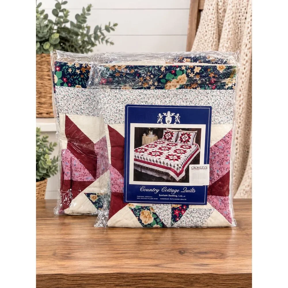 NOS Vtg Country Cottage Quilts Burgundy Star Patchwork Quilt Shams Set